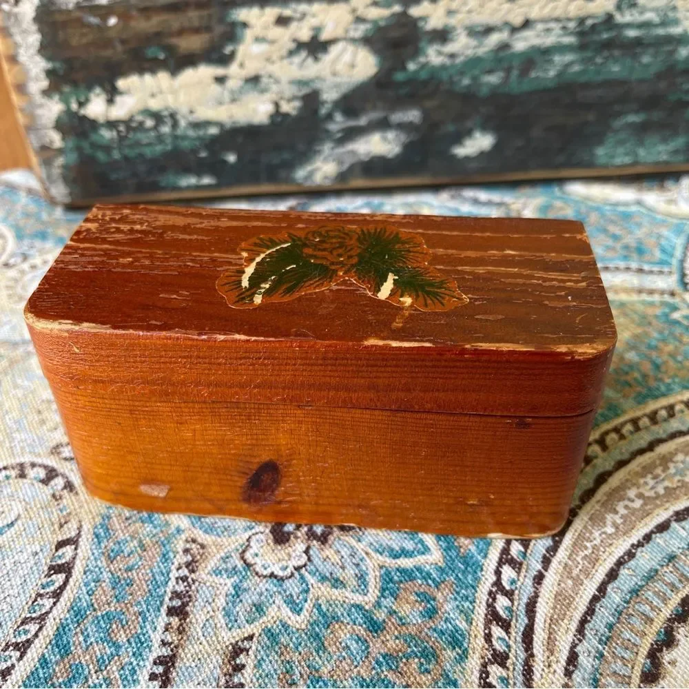 Wooden Ring Keeper Box Vintage Red Felt Poem Folk Art 1950s 1960s